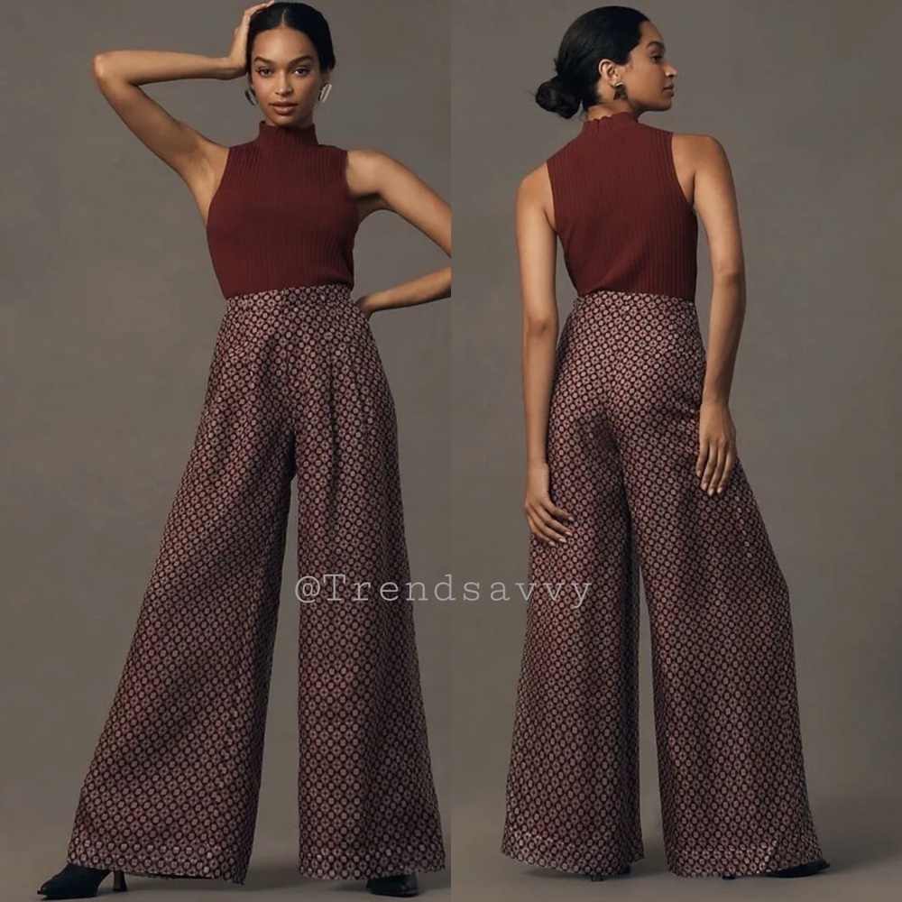 Anthropologie Avery Brown Pink Silk Wide Leg Palazzo Pants 12 High Rise Trousers